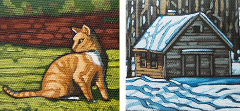 Orange Cat & Cabin  3" x 3" paintings